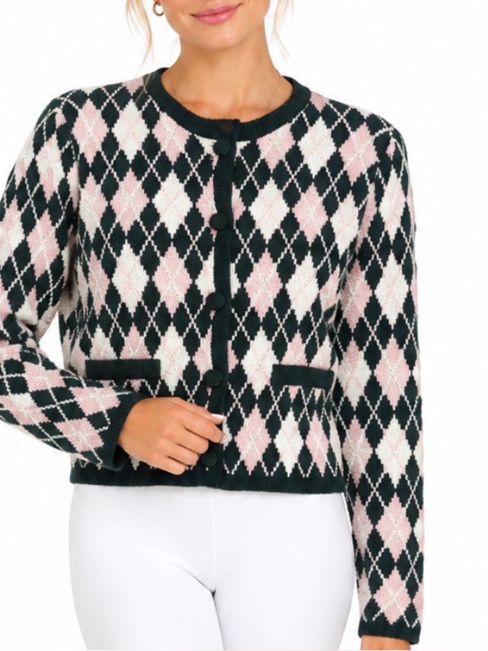 LUSH Argyle Button-Front Cardigan Sweater green wool Pink size medium NWT NEW